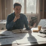 En person sitter och räknar på en budget inför en kommande husrenovering.
